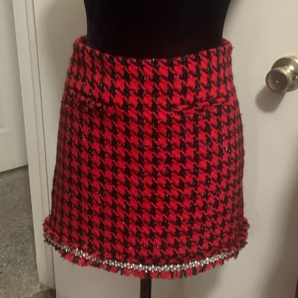 Red Houndstooth Tweed Mini Skirt with Rhinestone Trim